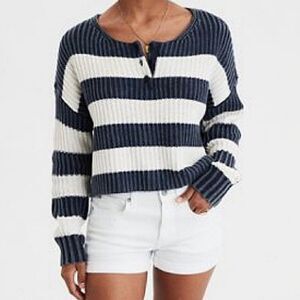 American Eagle Oversized Cropped Blue White Striped Chunky Knit Sweater XS